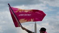 A man waves a "Free Britney" flag during a rally in front of the Lincoln Memorial protesting the conservatorship of Britney Spears July 14, 2021, in Washington, DC.