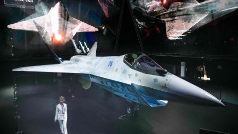 A prototype of Russia's new Sukhoi "Checkmate" fighter is on display at the MAKS 2021 International Aviation and Space Salon, in Zhukovsky, outside Moscow, on July 20.
