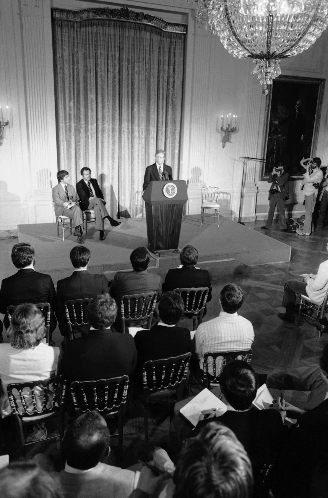 President Jimmy Carter addressed athletes set to compete in the Summer Olympic Games in Moscow at the White House in Washington on March 21, 1980. Carter asked them to support his proposed boycott of the Games to punish the Soviets for their invasion of Afghanistan, showing how the Olympics have been used by nation states as a form of protest.