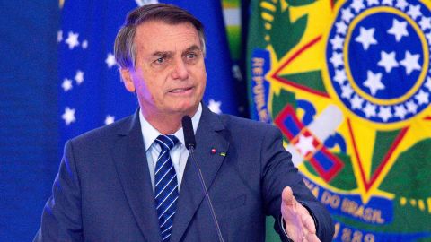 President Jair Bolsonaro gives a speech at Brasilia's Planalto Palace during the opening of Brazil Communications week in May.