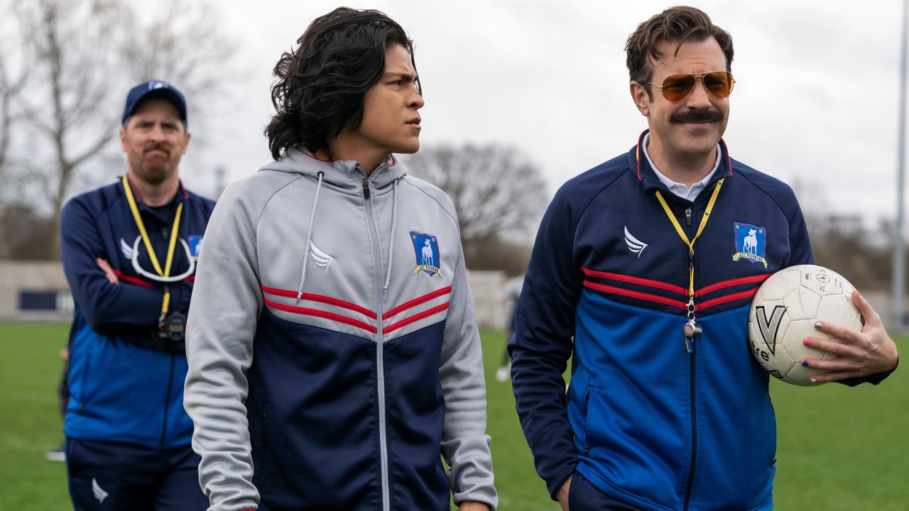 Brendan Hunt, Cristo Fernández and Jason Sudeikis in "Ted Lasso," premiering July 23, 2021 on Apple TV+.