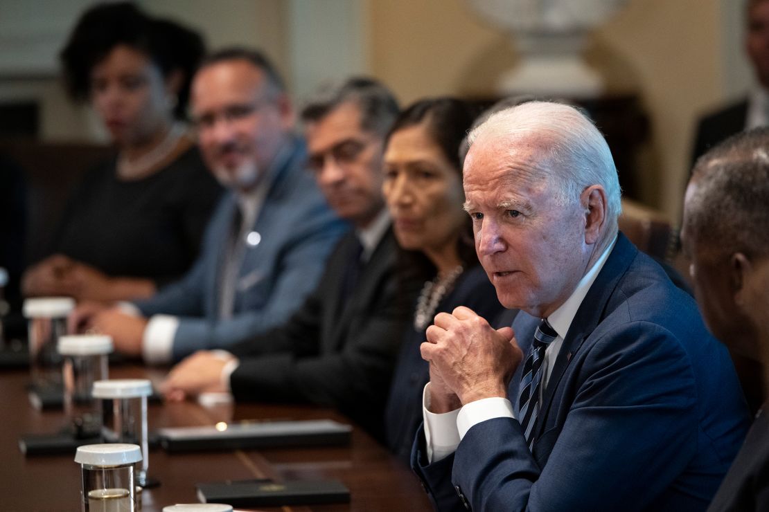 WASHINGTON, DC - JULY 20: U.S. President Joe Biden speaks at the start of a Cabinet meeting in the Cabinet Room of the White House on July 20, 2021 in Washington, DC. Six months into his presidency, this is Bidens second full Cabinet meeting so far. The White House said the meeting will focus on Covid-19, infrastructure, climate issues and cybersecurity. (Photo by Drew Angerer/Getty Images)