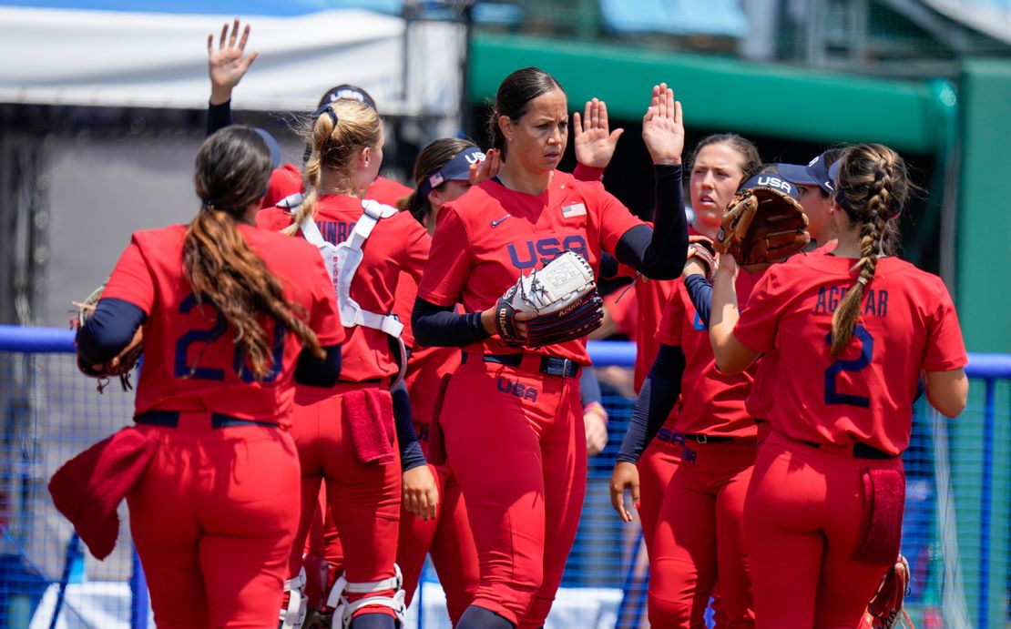 American Cat Osterman celebrates with teammates during the softball game between Italy and the US on Wednesday.