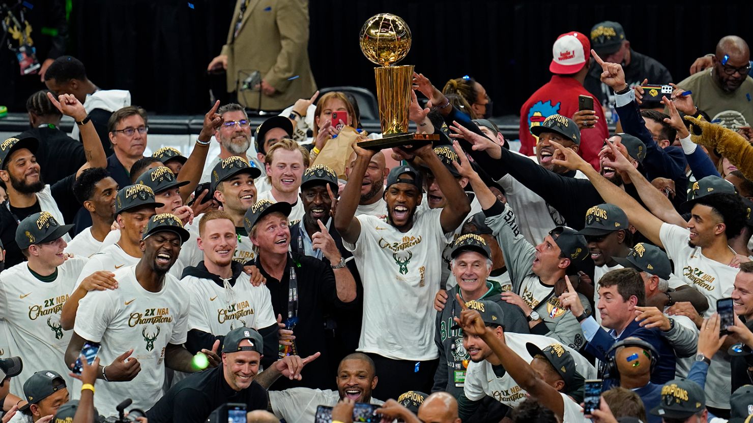 The Bucks celebrate after defeating the Phoenix Suns in Game 6 to win their second NBA title.