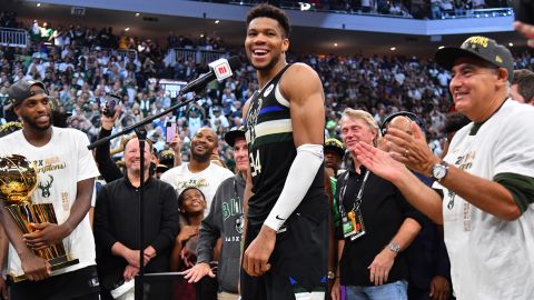 MILWAUKEE, WI - JULY 20: Giannis Antetokounmpo #34 of the Milwaukee Bucks reacts after winning Game Six of the 2021 NBA Finals against the Phoenix Suns on July 20, 2021 at Fiserv Forum in Milwaukee, Wisconsin. Photo by Jesse D. Garrabrant/NBAE/Getty Images