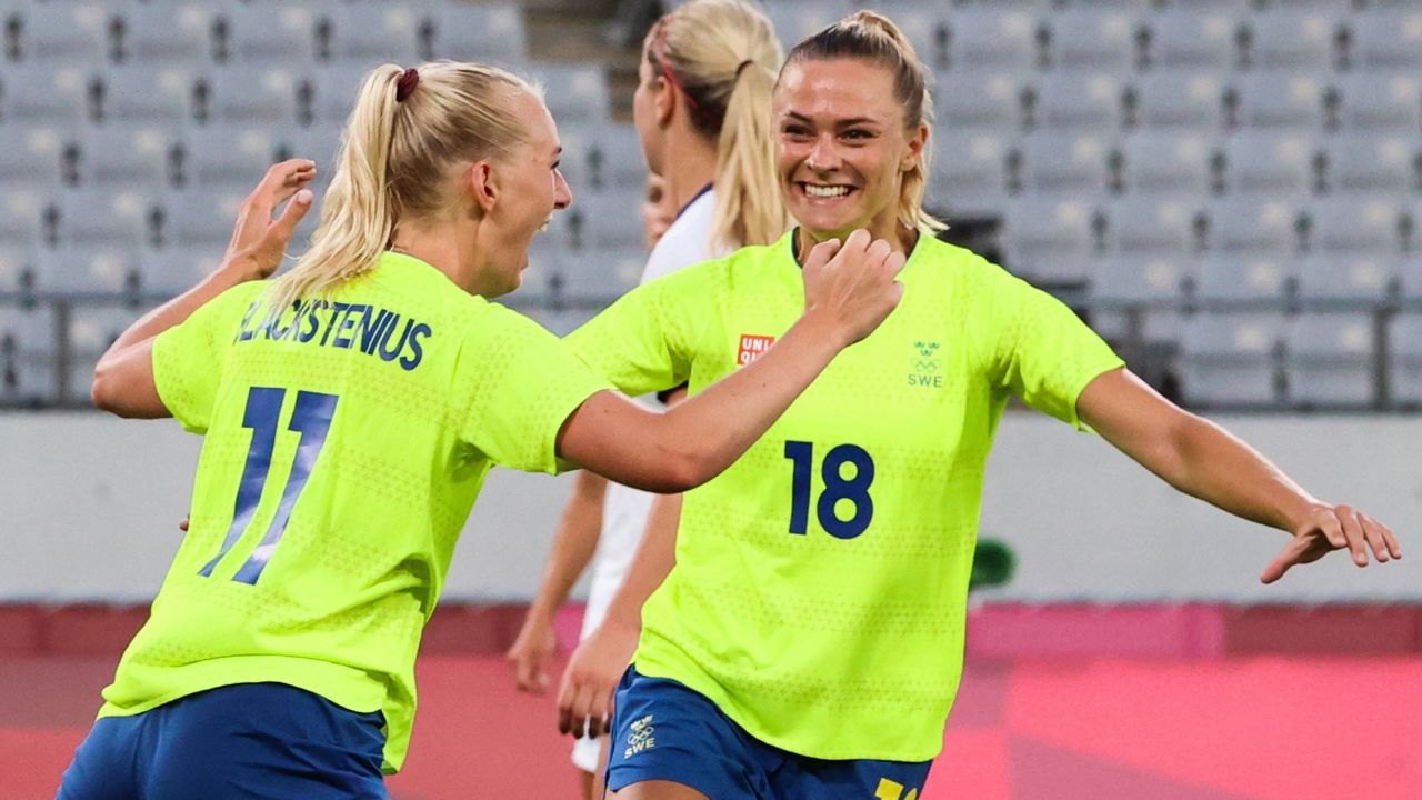 Sweden forward Stina Blackstenius celebrates after scoring her second goal of the match.