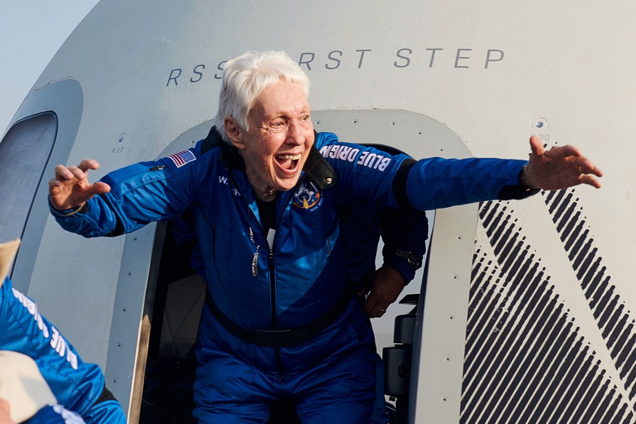 <a href="https://www.cnn.com/2021/07/20/business/wally-funk-jeff-bezos-blue-origin-scn/index.html" target="_blank">Wally Funk</a> exits the capsule after landing. Funk, 82, trained for NASA's Mercury program but was denied the opportunity to go to space until now.