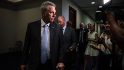 House Minority Leader Kevin McCarthy (R-CA) speaks with reporters as he arrives to a caucus meeting with House Republicans on Capitol Hill on July 20, 2021 in Washington, DC. Leader McCarthy has picked five GOP House members to serve on the House Select Committee investigating the January 6th riots. 