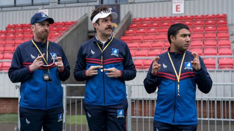 Brendan Hunt, Jason Sudeikis and Nick Mohammed in "Ted Lasso" season two, premiering Friday, July 23 on Apple TV+.