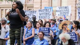 Representative Jasmine Crockett addresses the crowd at the For The People Rally in front of the Texas Capitol building in Austin, Texas, USA, on June 20, 2021. (Photo by Carlos Kosienski/Sipa USA)