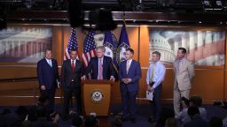 House Minority Leader Kevin McCarthy (R-CA) speaks at a news conference, with (L-R) Rep. Troy Nehls (R-TX), Rep. Kelly Armstrong (R-ND), Rep. Jim Banks (R-IN), Rep. Jim Jordan (R-OH) and Rep. Rodney Davis (R-IL) on House Speaker Nancy Pelosi's decision to reject two of Leader McCarthy's selected members from serving on the committee investigating the January 6th riots on July 21, 2021 in Washington, DC. Speaker Pelosi announced she would be rejecting Rep. Banks and Rep. Jordan's assignment to the committee. 
