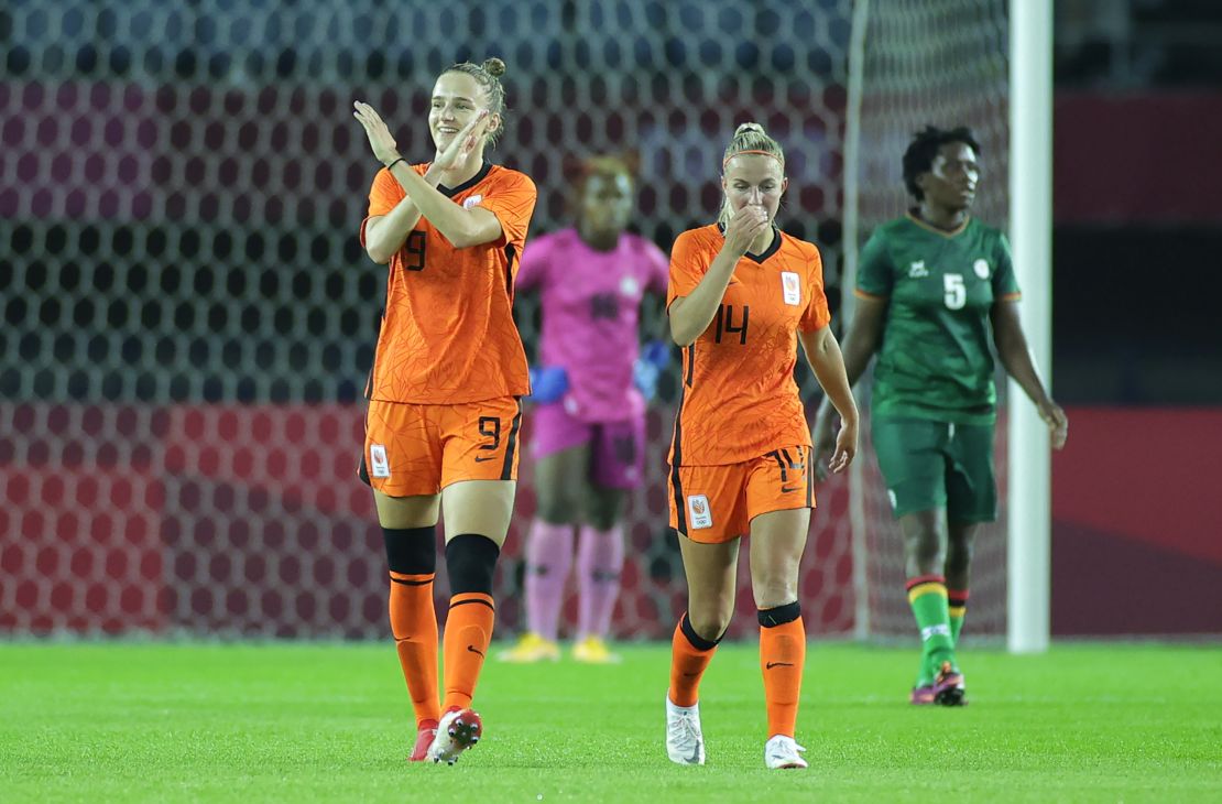 Vivianne Miedema celebrates after scoring her third goal of the game. 