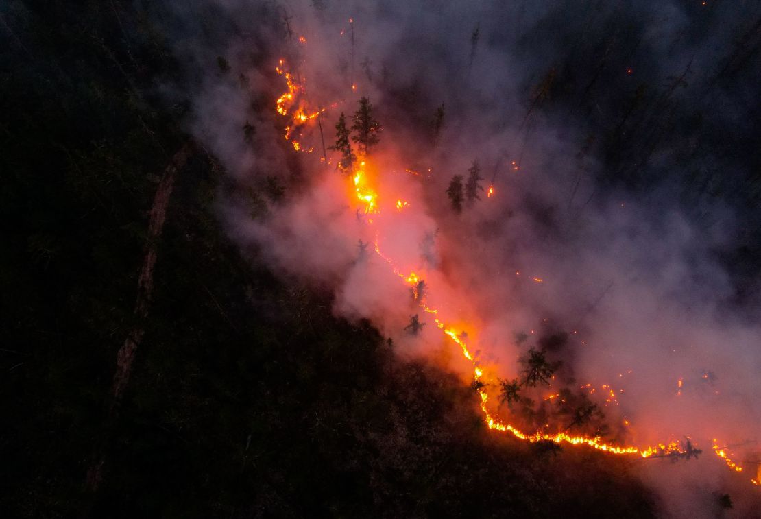An aerial view shows a wildfire in Yakutia, Russia.
