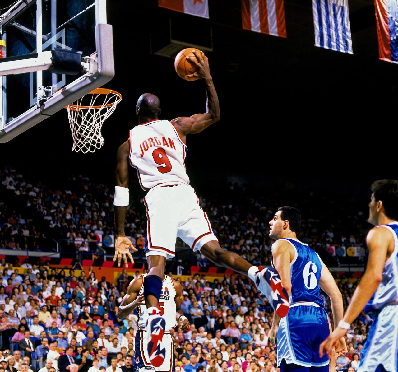 Michael Jordan soars for a dunk during the 1992 Olympics in Barcelona, Spain. Jordan was a part of the "Dream Team," the US men's basketball team that was the first to include NBA stars. Many consider that team, which included Larry Bird, Magic Johnson and many other future Hall of Famers, to be the greatest sports team ever assembled.