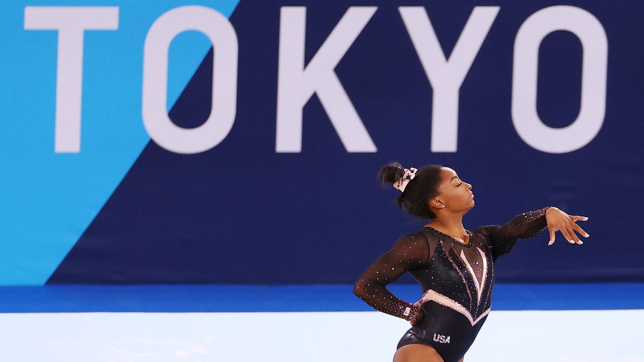 Simone Biles trains ahead of the Tokyo 2020 Games at Ariake Gymnastics Center on July 22.