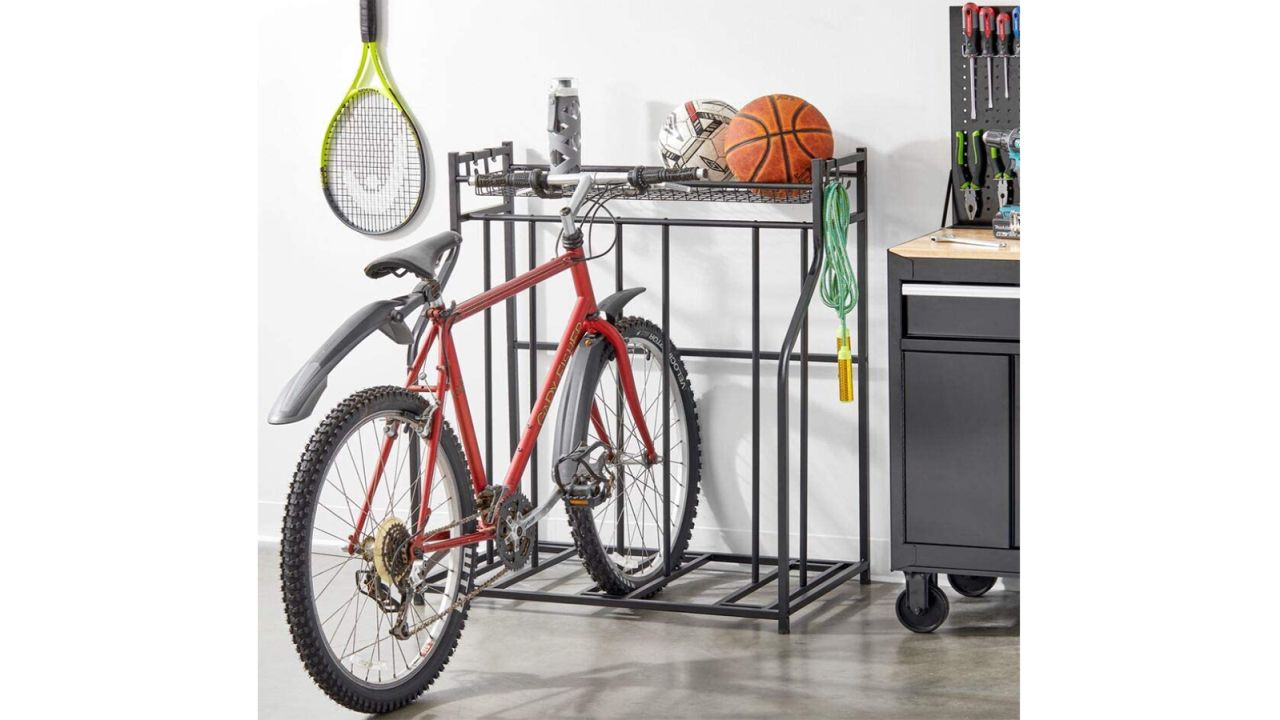 mDesign Freestanding Metal Bike Rack With Storage Shelf