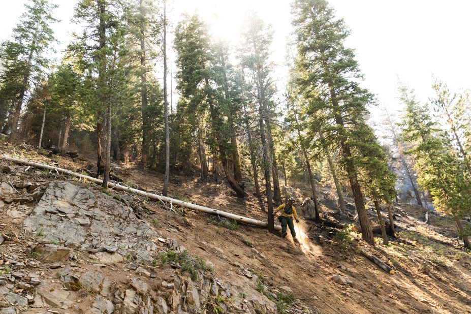 A firefighter does mop-up work in the Fremont-Winema National Forest, which has been struggling with the Bootleg Fire in Oregon.