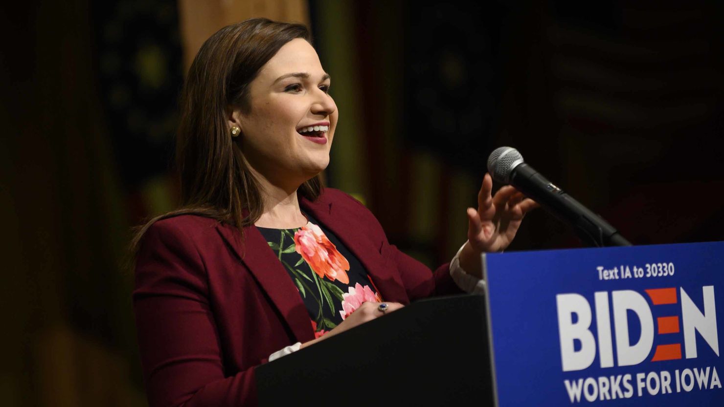 Rep. Abby Finkenauer introduces Democratic presidential candidate, former Vice President Joe Biden, on January 3, 2020, in Independence, Iowa. 