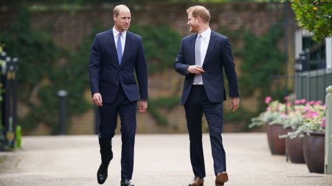 William and Harry at the unveiling of a statue they commissioned of their mother Diana, Princess of Wales in the Sunken Garden at Kensington Palace, on July 1