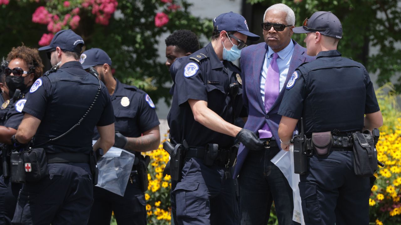 Rep. Hank Johnson of Georgia is arrested by US Capitol Police during a protest outside Hart Senate Office Building on Thursday, July 22, 2021.