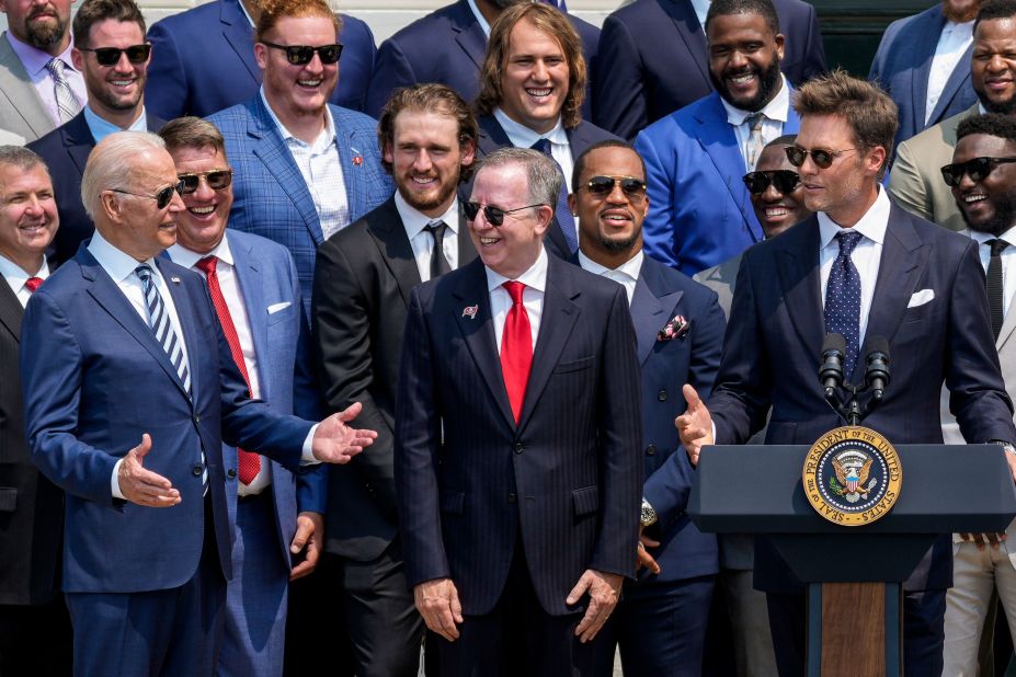 President Joe Biden laughs at a joke made by Brady, who was visiting the White House along with his Tampa Bay teammates in July 2021. One of Brady's jokes was about those who continue to deny that Biden won the 2020 election. "Not a lot of people think that we could have won (the Super Bowl). In fact, I think about 40% of people still don't think we won. You understand that, Mr. President?" Brady said to laughter. Biden responded, "I understand that."
