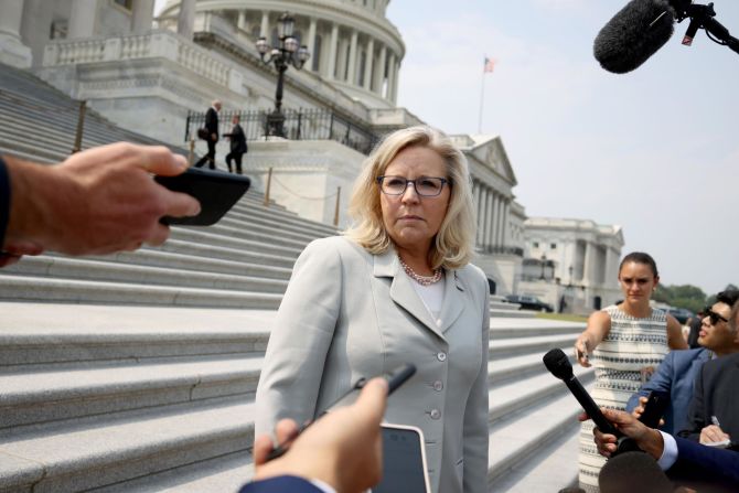 Cheney speaks to reporters outside the US Capitol in July 2021. <a href="index.php?page=&url=https%3A%2F%2Fwww.cnn.com%2Fvideos%2Fpolitics%2F2021%2F07%2F21%2Fliz-cheney-kevin-mccarthy-capitol-riot-committee-vpx.cnn" target="_blank">Cheney blasted House Minority Leader Kevin McCarthy's decision</a> to pull all Republicans from the select committee investigating the January 6 attack on the Capitol.
