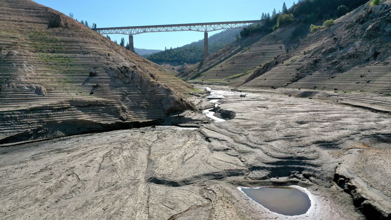In an aerial view, low water levels are visible at Lake Oroville on July 22, 2021. As the extreme drought emergency continues in California, thieves are making off with billions of gallons of water.