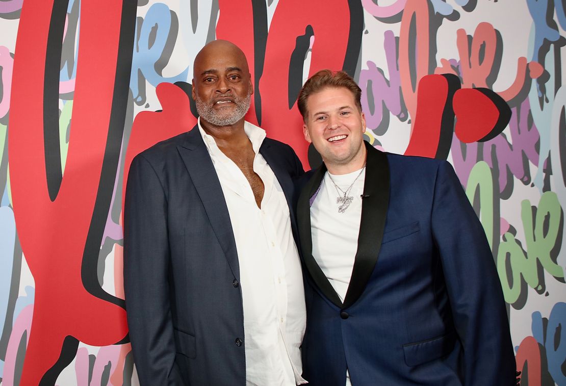 Artist Richard Hutchins, with Charlie Rocket, at an exhibition of his art at the Sofitel Los Angeles hotel in June.