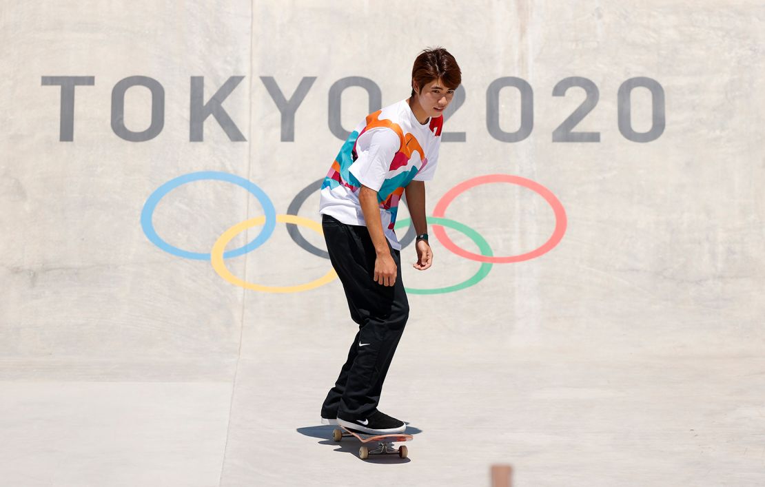 Yuto Horigome of Team Japan practices on the skateboard street course at the Ariake Urban Sports Park.