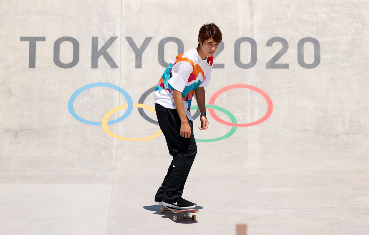 Yuto Horigome of Team Japan practices on the skateboard street course at the Ariake Urban Sports Park.