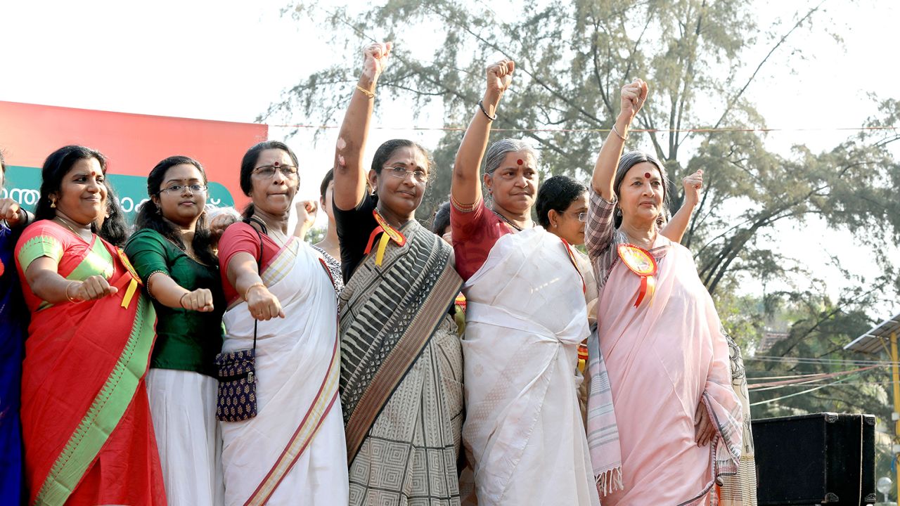 Women gather to participate in the 620-kilometer "Women's Wall" against gender discrimination in Kerala, 2019.