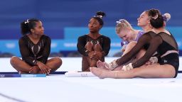 TOKYO, JAPAN - JULY 22: (L-R) Jordan Chiles, Simone Biles, Jade Carey, Grace McCallum and Sunisa Lee of Team United States look on during Women's Podium Training ahead of the Tokyo 2020 Olympic Games at Ariake Gymnastics Centre on July 22, 2021 in Tokyo, Japan. (Photo by Jamie Squire/Getty Images)
