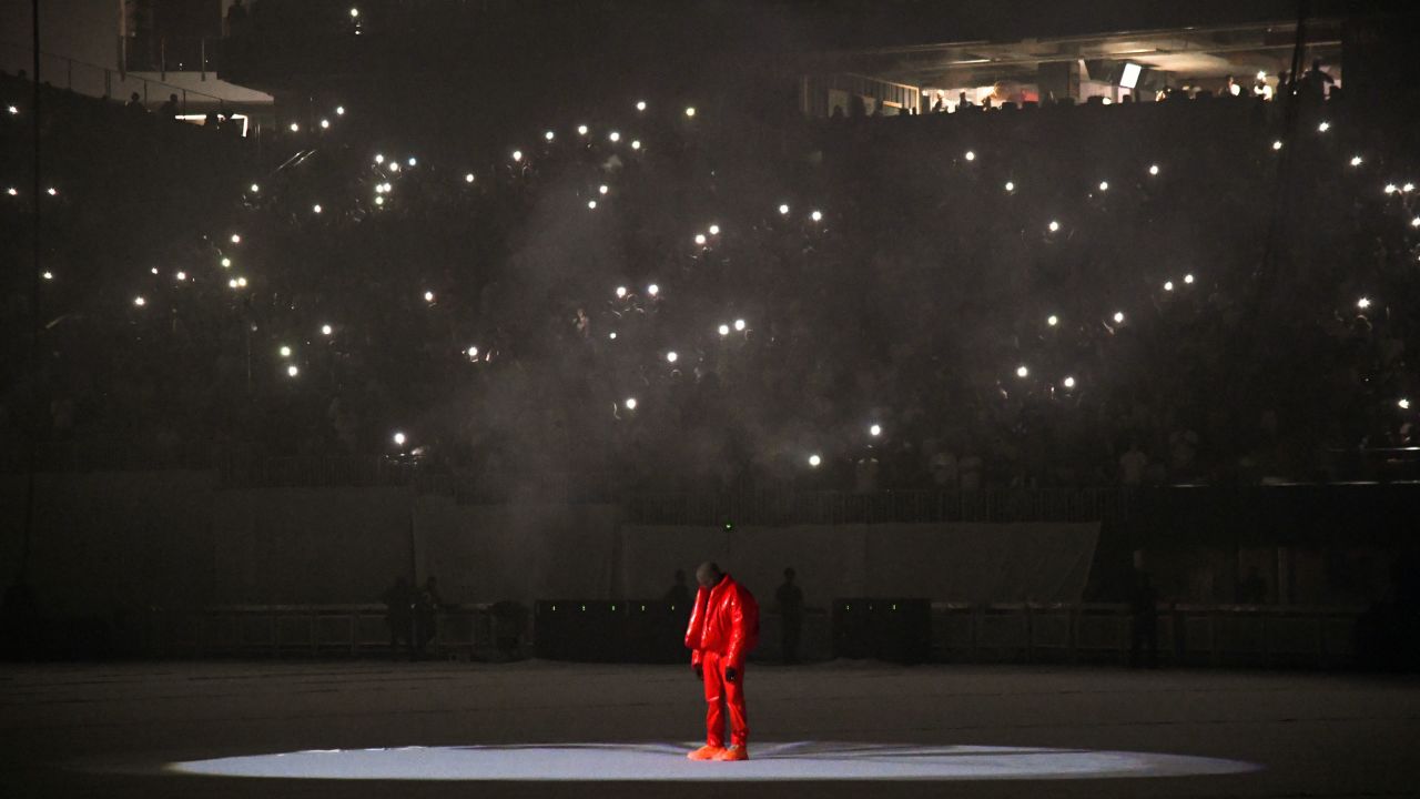Kanye West took to the stage Thursday at Mercedes-Benz Stadium in Atlanta but he was silent, just playing his tracks.