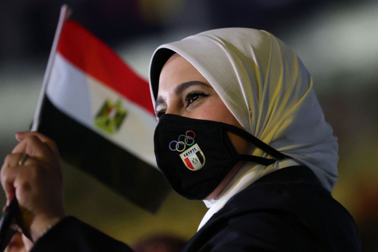 A member of Egypt's delegation enters the stadium during the parade of nations.