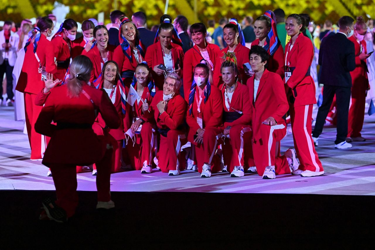 Russian athletes pose for a photo during the opening ceremony.