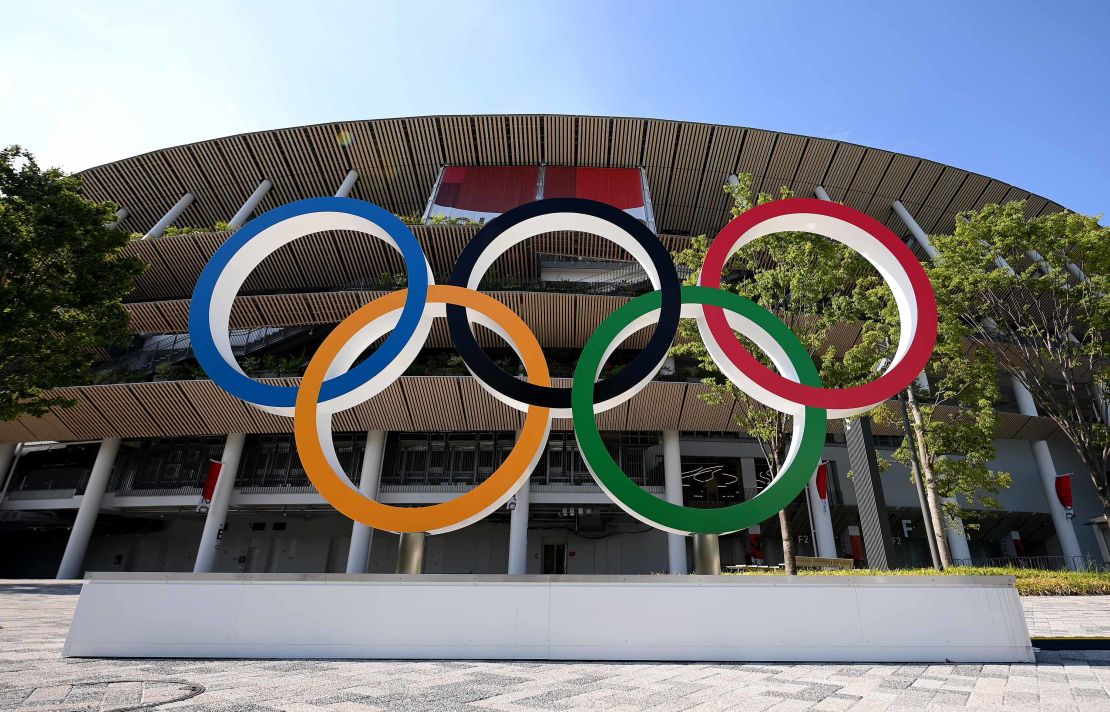 The Olympic rings outside of the stadium prior to the Opening Ceremony of the Tokyo 2020 Olympic Games.