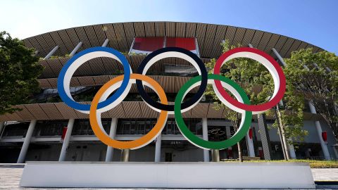 The Olympic rings outside of the stadium prior to the Opening Ceremony of the Tokyo 2020 Olympic Games.