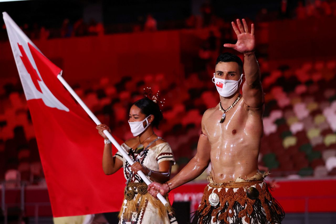 Tongan flag-bearer Pita Taufatofua made headlines for going shirtless at the 2016 and 2018 opening ceremonies, and he was at it again in Tokyo. He would be competing in taekwondo.