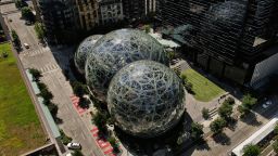 An aerial view of the Spheres at the Amazon.com Inc. headquarters on May 20, 2021 in Seattle, Washington.