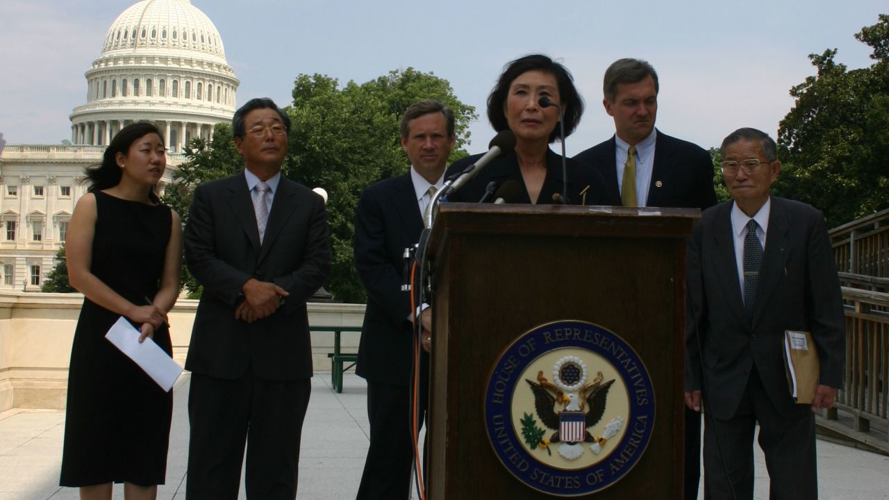 Chahee Lee Stanfield, center, speaks at Capitol Hill about the divided families issue in 2007.