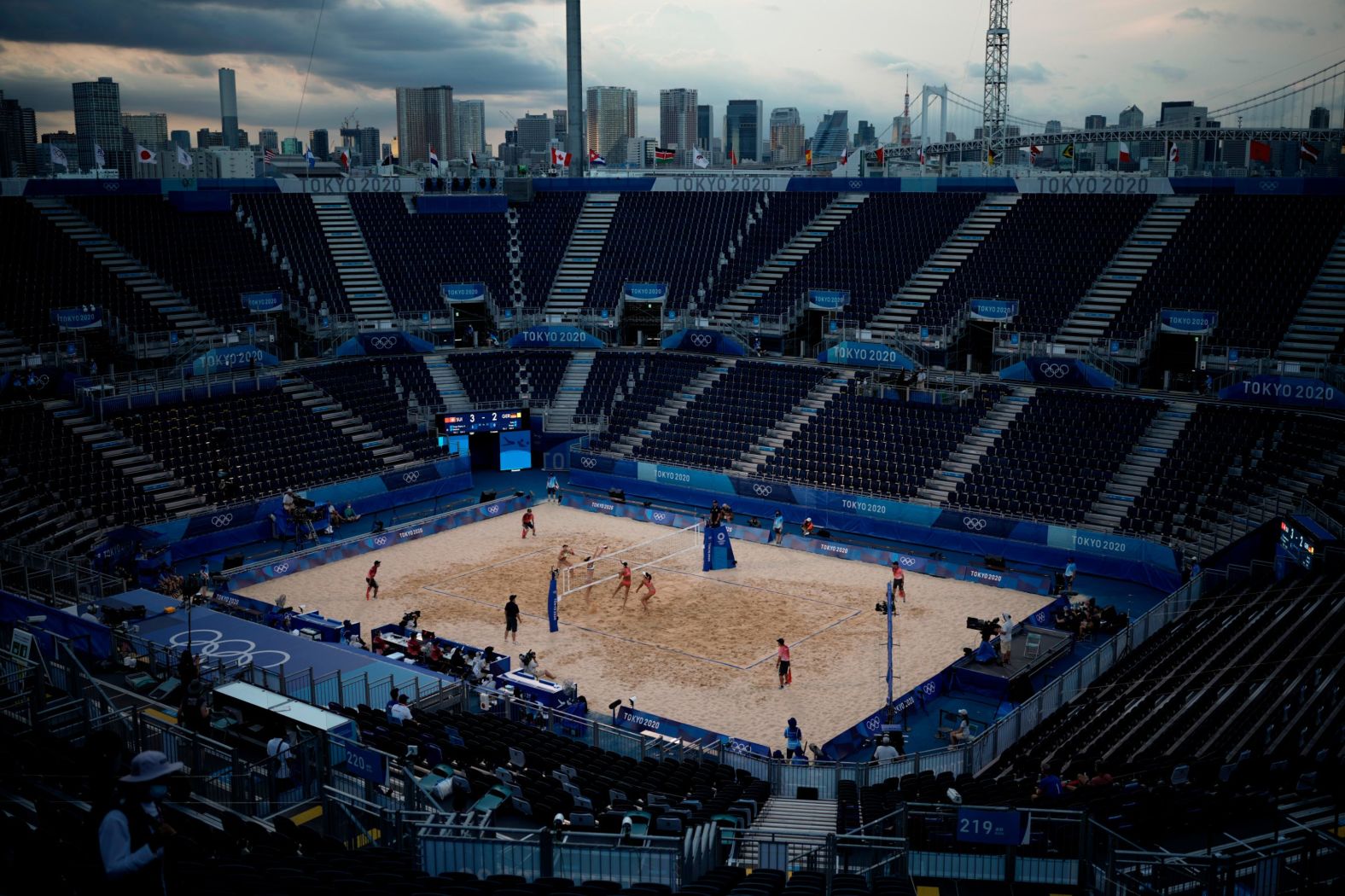 German beach-volleyball players Julia Sude and Karla Borger play Switzerland's Anouk Vergé-Dépré and Joana Heidrich in an empty Shiokaze Park on Saturday, July 24.