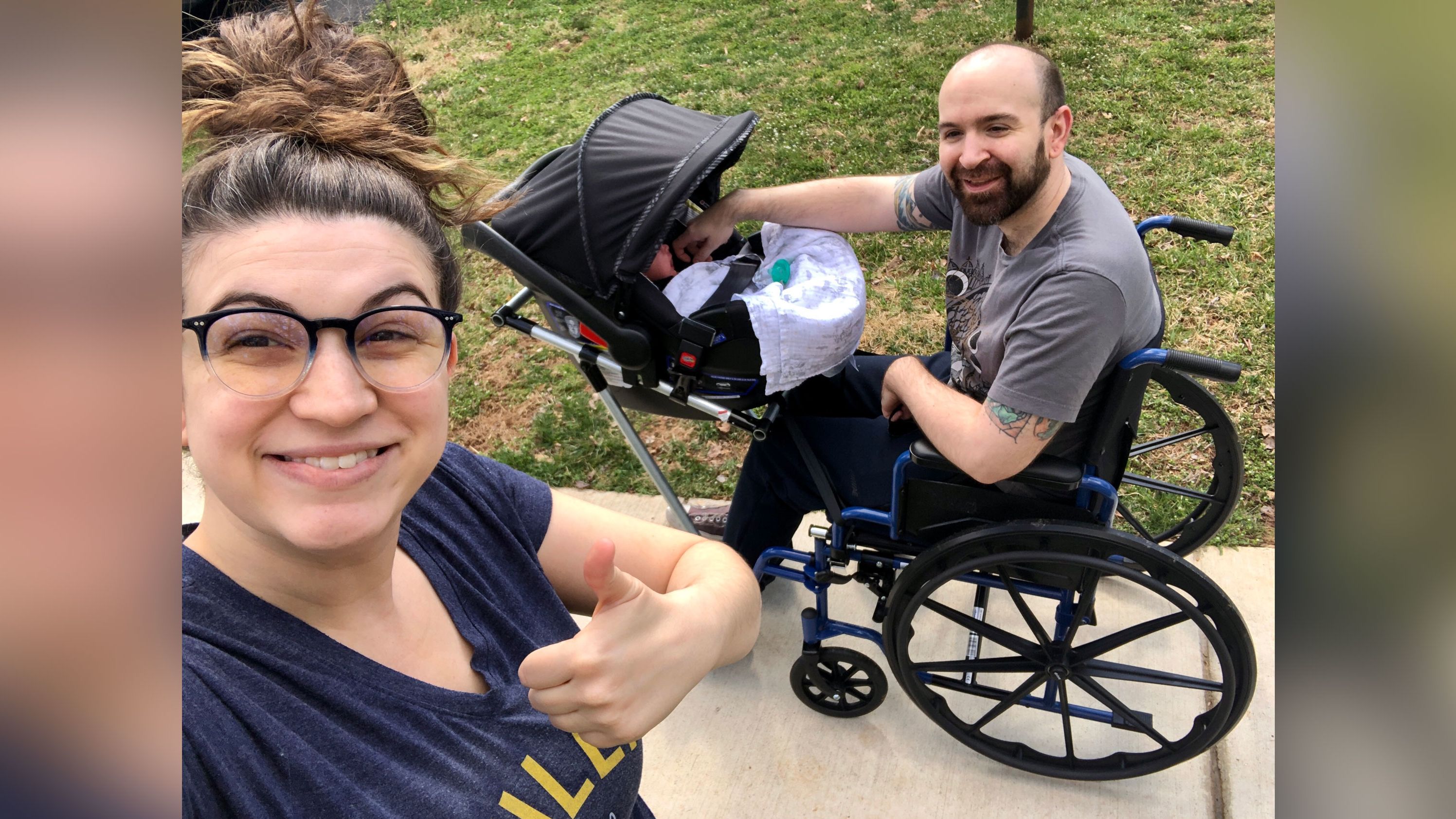 Chelsie and Jeremy King use the WheeStroll Wheelchair Stroller Attachment to take their baby Phoenix on a walk.