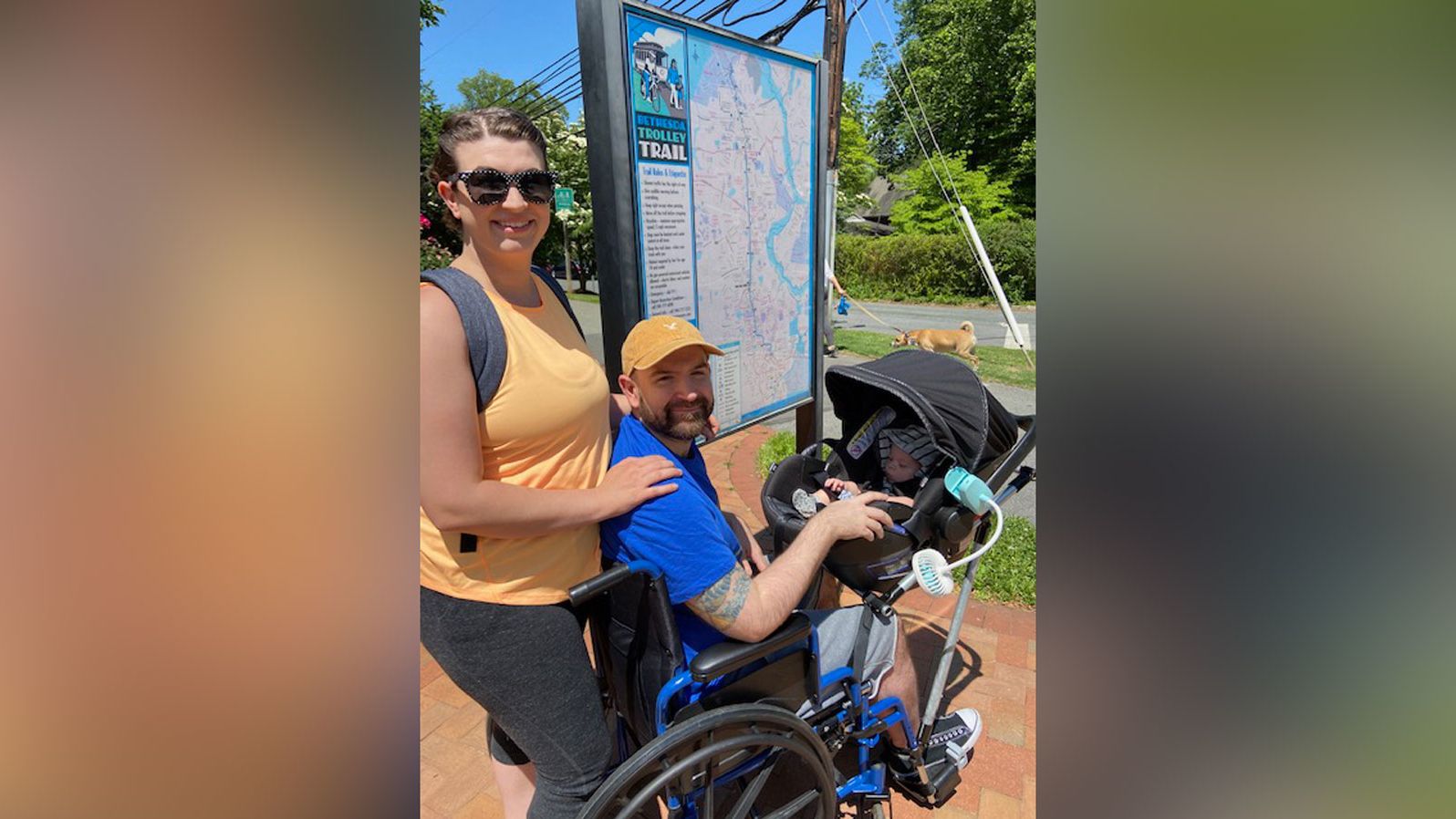 Chelsie and Jeremy use their WheeStroll Wheelchair Stroller Attachment on an outing with Phoenix.