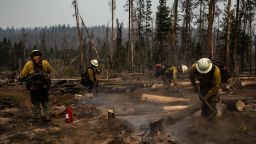 A firefighter crew from New Mexico mop up small fires in the mountains west of Paisley, Oregon, U.S., on Friday, July 23, 2021. The Bootleg blaze in southern Oregon has swelled to become the biggest among scores of current wildfires engulfing the western U.S. and is expected to grow as dryness and heat thwart fire crews. 