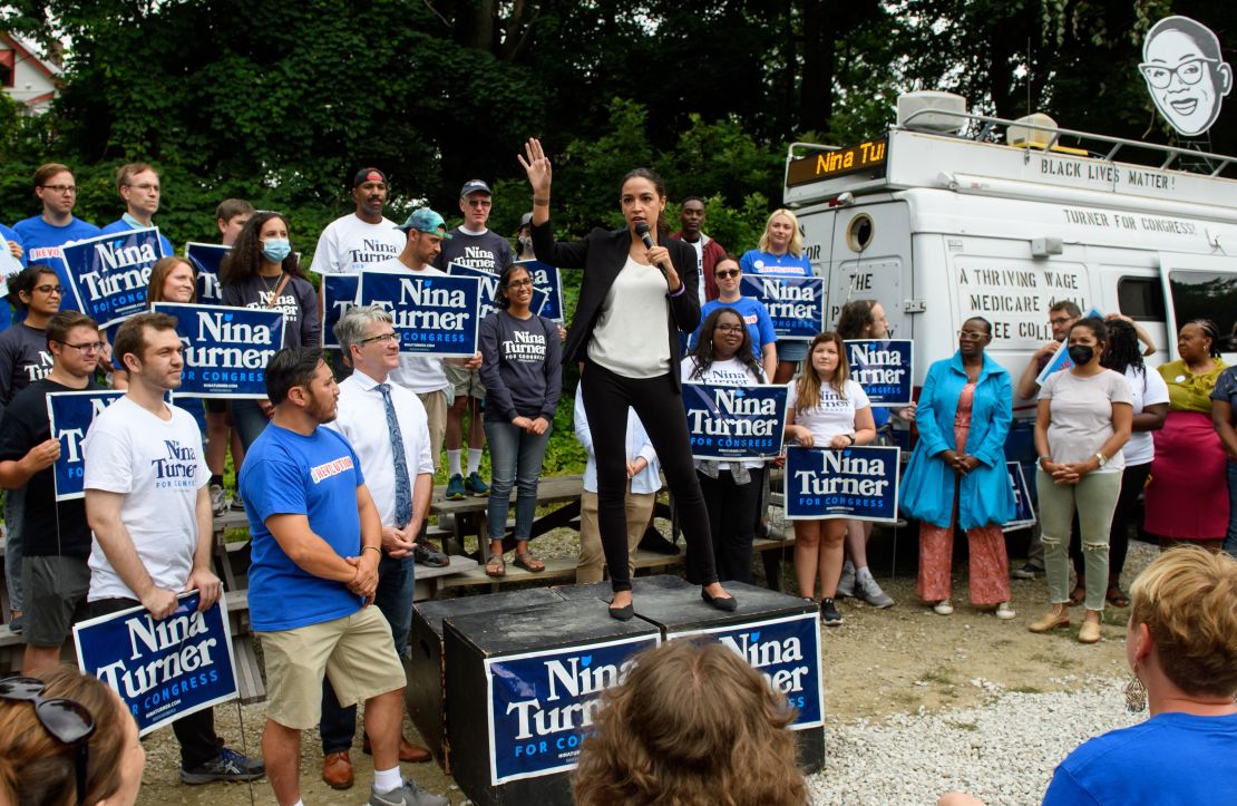 Rep. Alexandria Ocasio-Cortez (D-NY) speaks at a campaign rally on behalf of Ohio Congressional Candidate Nina Turner on July 24, 2021 in Cleveland, Ohio. 