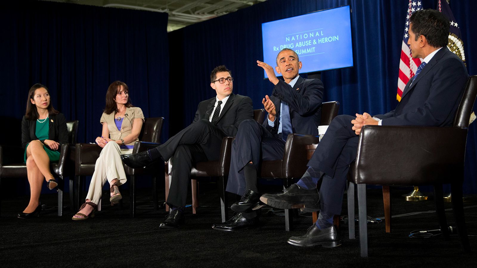 Leana Wen speaks with former President Barack Obama, Sanjay Gupta and others during the National Rx Drug Abuse and Heroin summit in Atlanta, March 29, 2016.