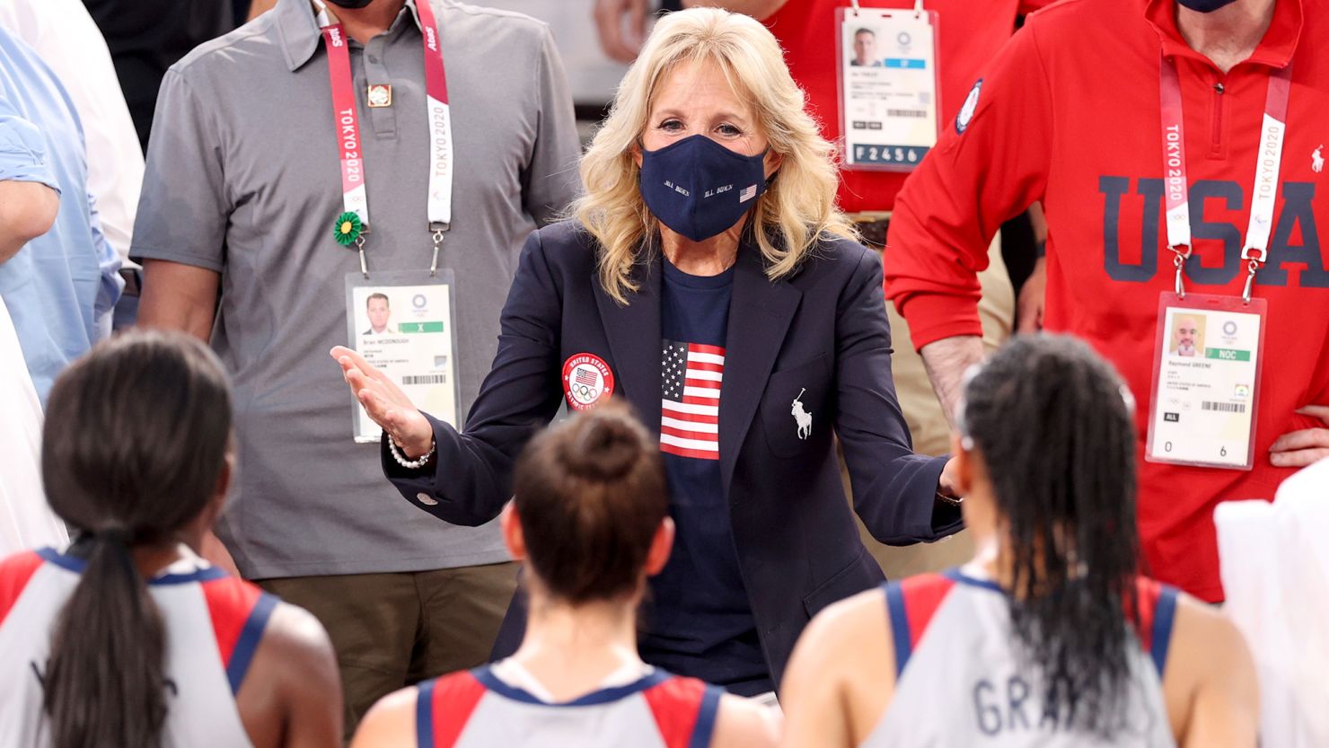 First lady Jill Biden cheers on Team USA prior to the Women's Pool Round match on day one of the Tokyo 2020 Olympic Games.