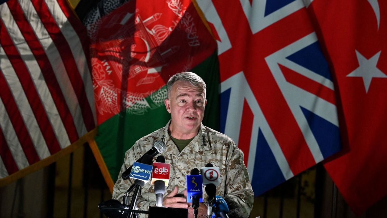 Head of the US Central Command, General Kenneth McKenzie, speaks during a press conference at the former Resolute Support headquarters in the US embassy compound in Kabul on July 25, 2021. 