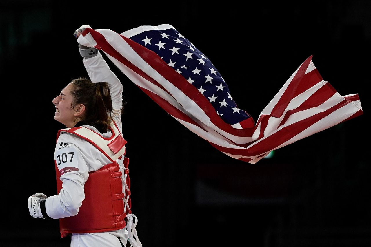 American Anastasija Zolotic celebrates after <a href="https://edition.cnn.com/world/live-news/tokyo-2020-olympics-07-25-21-spt/h_267d4d19709477d7666e338a9f160bbb" target="_blank">winning gold in taekwondo</a> on July 25. She is the first US woman to win Olympic gold in the event.