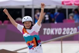 Momiji Nishiya of Japan reacts after winning the women's street skateboarding event on July 26 at the Tokyo Olympics.